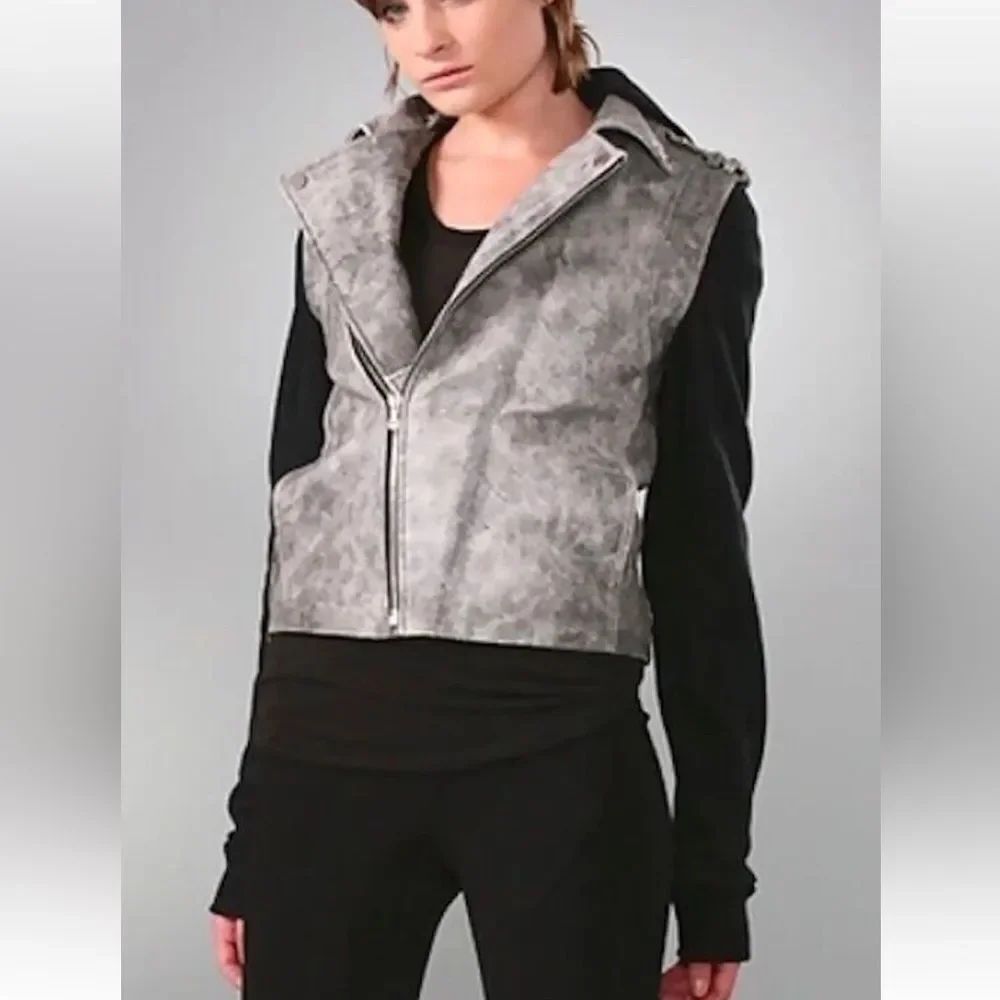 Alexander Wang Gray Leather Moto jacket w/ zip-off french terry sleeves & hood